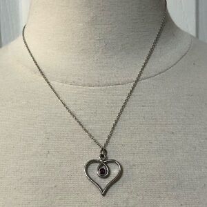Silver Heart Necklace with Red Gem in the middle of the heart